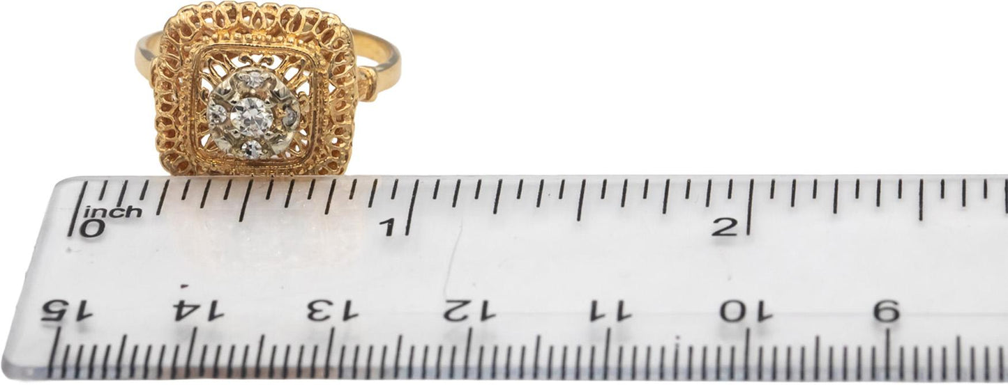 14k Yellow Gold VS Round Diamond Art Deco Filigree Ring 0.15CT Size 9.25