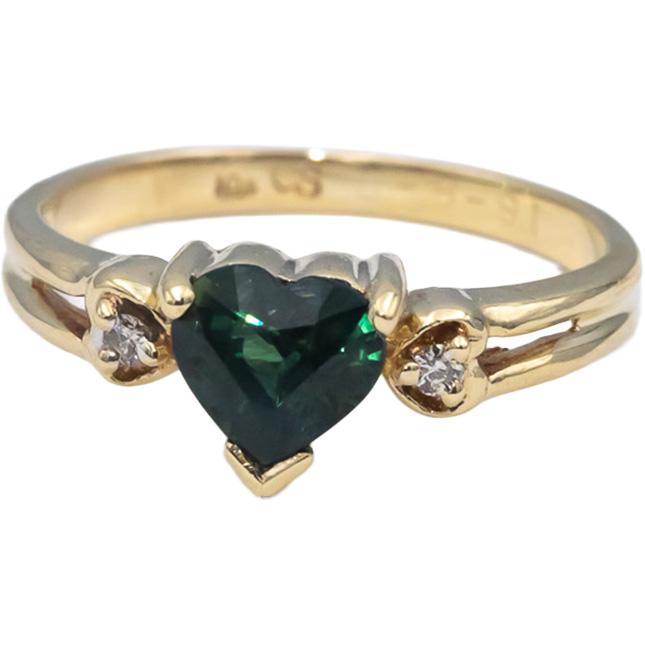 10k Yellow Gold Heart Cut Green Sapphire & Round Diamond Cocktail Ring 0.91CT