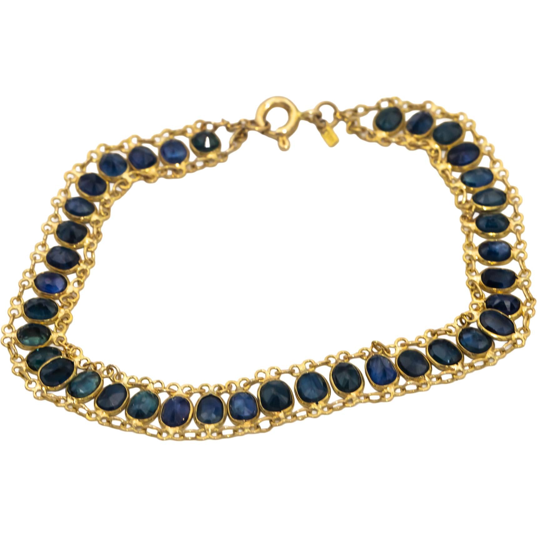 18k Yellow Gold Oval Cut Blue Sapphire Fancy Link Bracelet 4.50CTW