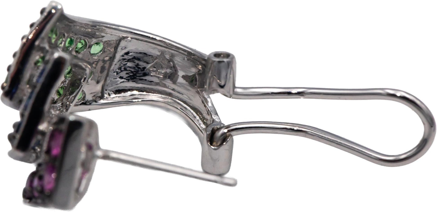 14k White Gold Round Spinel Iolite Tsavorite Gemstone Cluster Earrings 1.50CTW