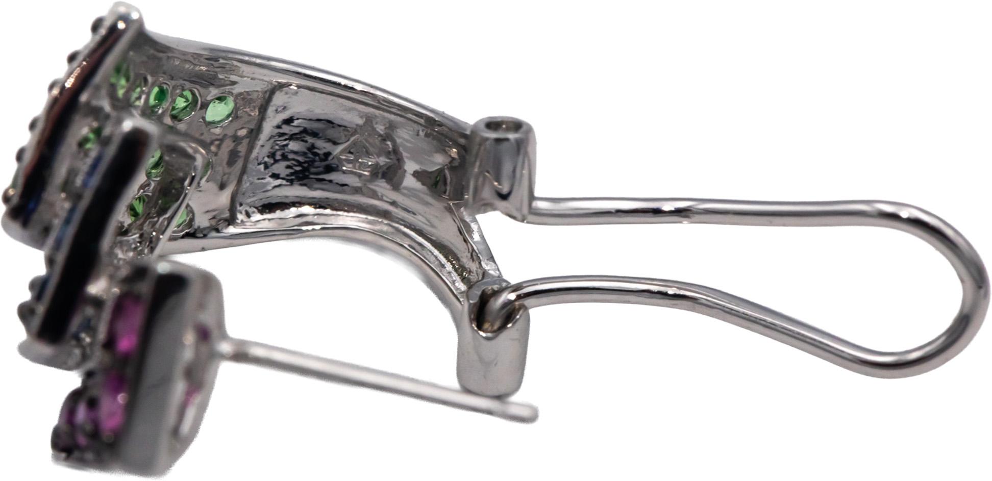 14k White Gold Round Spinel Iolite Tsavorite Gemstone Cluster Earrings 1.50CTW