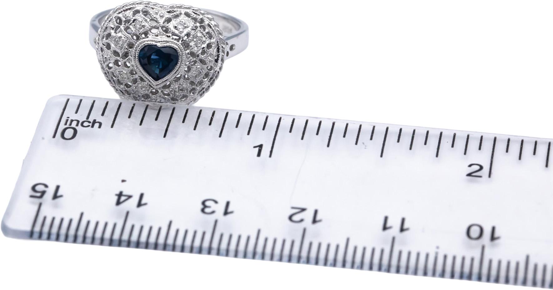 14k White Gold Blue Sapphire & Diamond Heart Filigree Ring 0.42CT Size 7