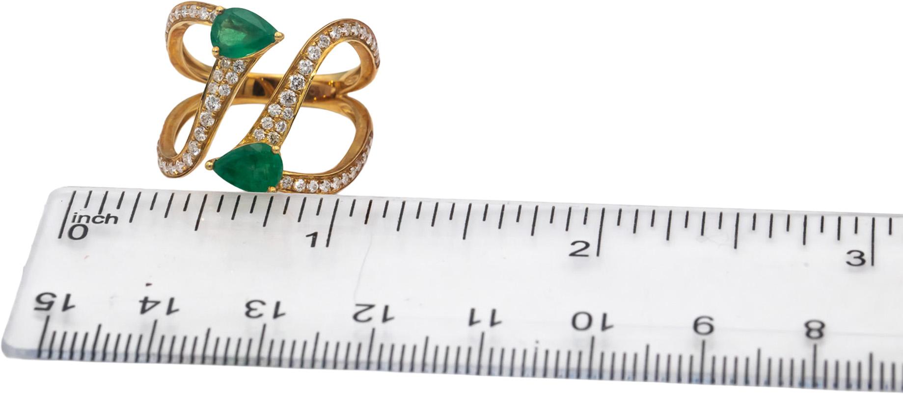 18k Yellow Gold Pear Cut Emerald VS Round Diamond By Pass Ring 1.50CT Size 7.25