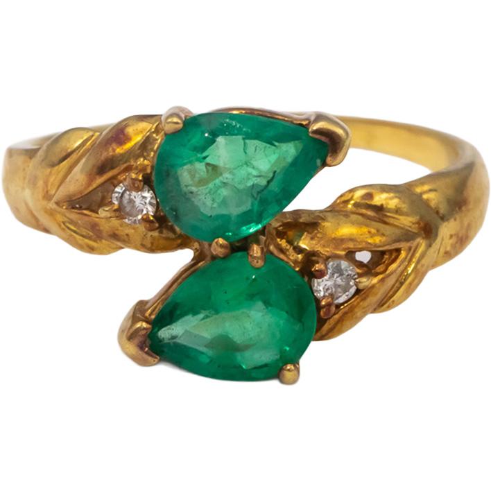 18k Yellow Gold Pear Emerald & Round Diamond Bypass Ring 1.95CT Size 9