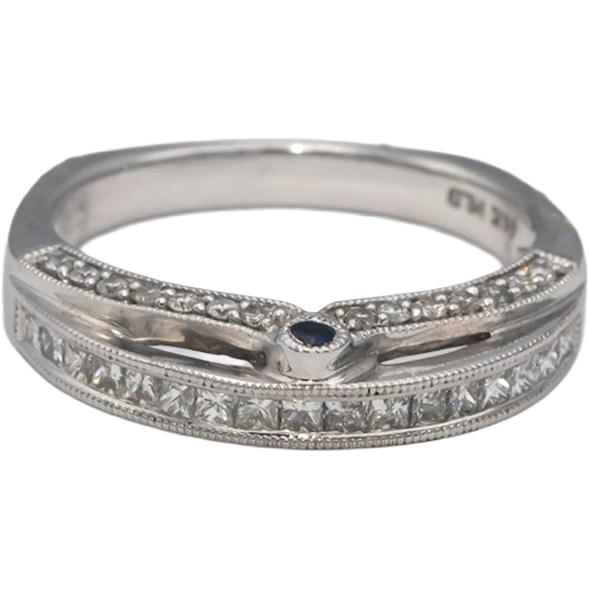 14k White Gold Princess & Round Diamond Band Ring 0.45CT Size 6.75 w/ Sapphire