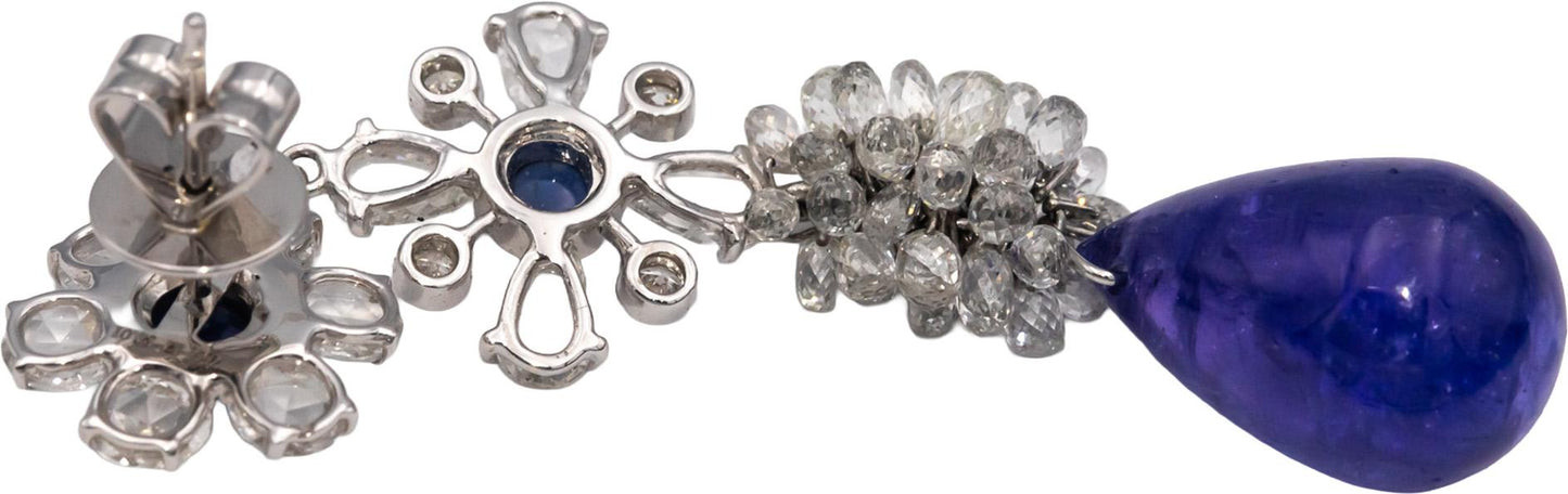18k White Gold Diamond Sapphire Tanzanite Drop Dangle Flower Earrings 18.60CTW