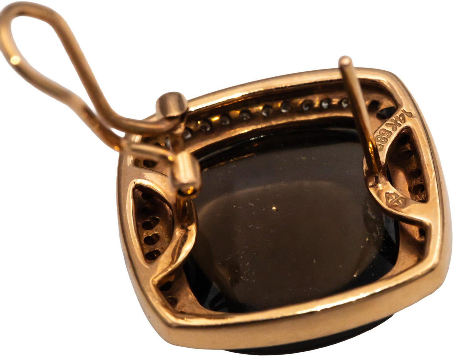 14k Rose Gold Cabochon Smokey Quartz and Round Diamond Earrings 21.33CTW