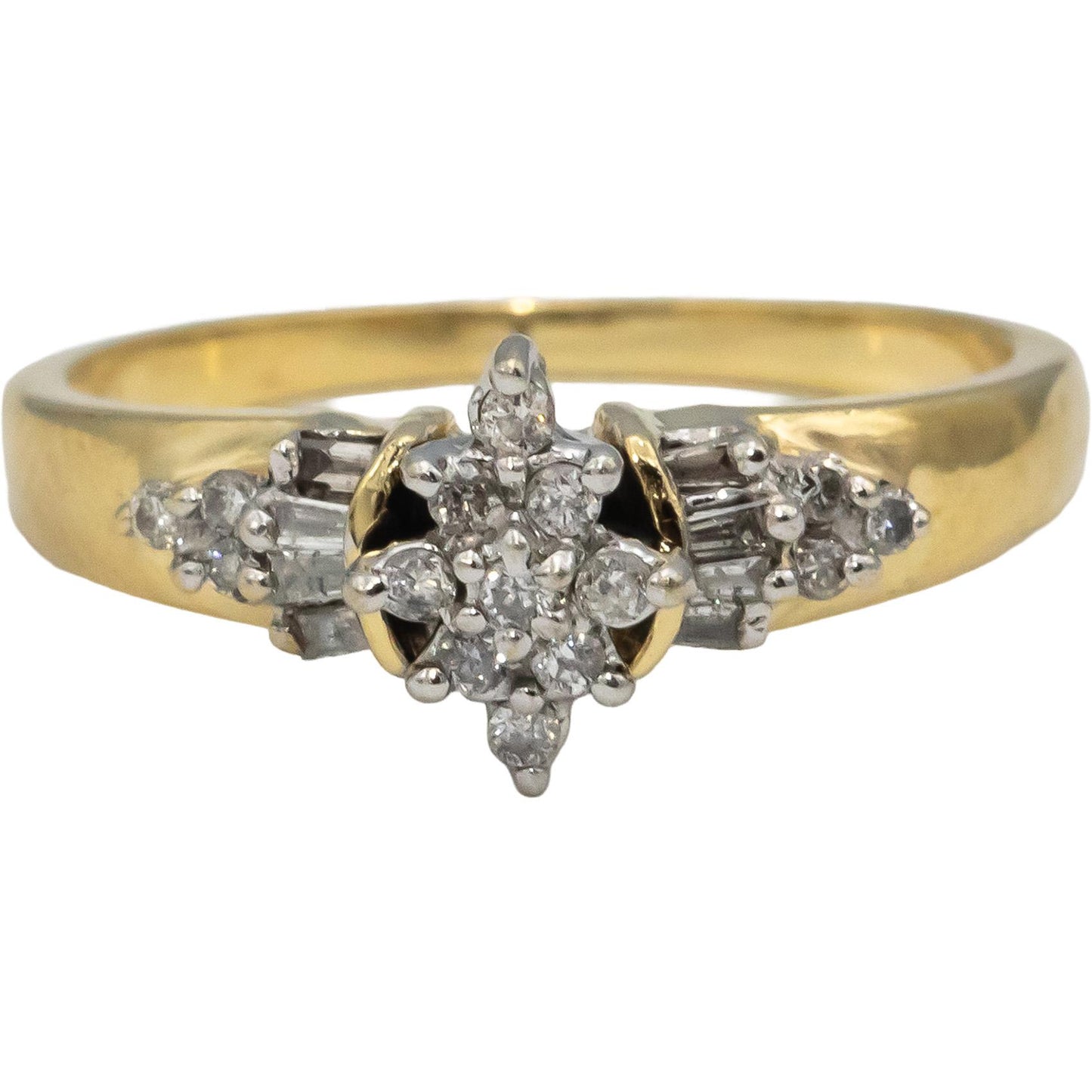 14k Yellow & White Gold Round & Baguette Diamond Cluster Ring 0.25CT Size 7.25
