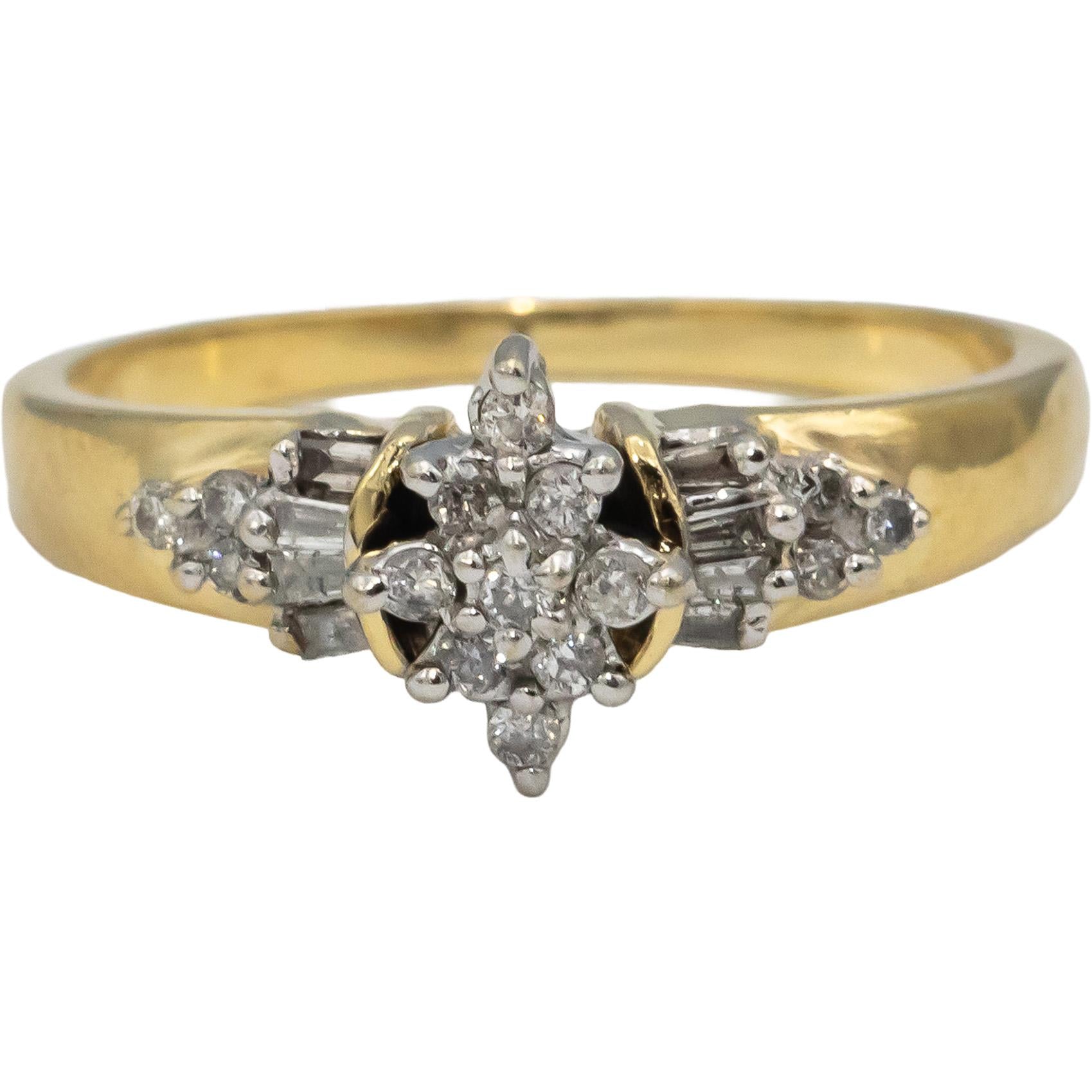 14k Yellow & White Gold Round & Baguette Diamond Cluster Ring 0.25CT Size 7.25