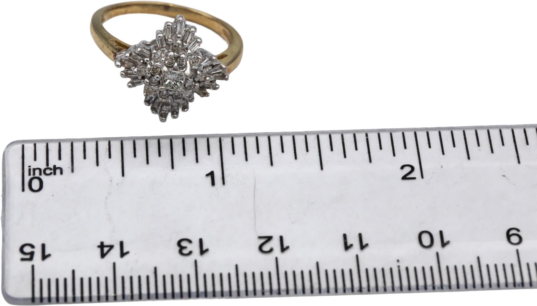 10k Yellow White Gold Round & Baguette Cut Diamond Cluster Ring 0.50CT Size 7