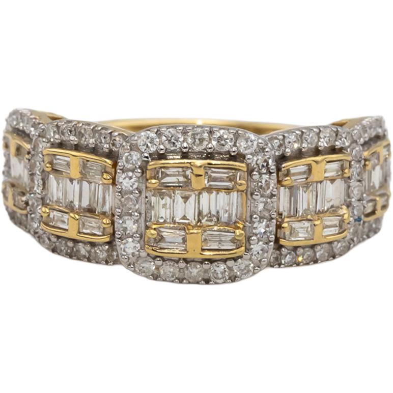 14k Yellow Gold Round and Baguette Cut Diamond Cocktail Ring 1.0CT Size 7