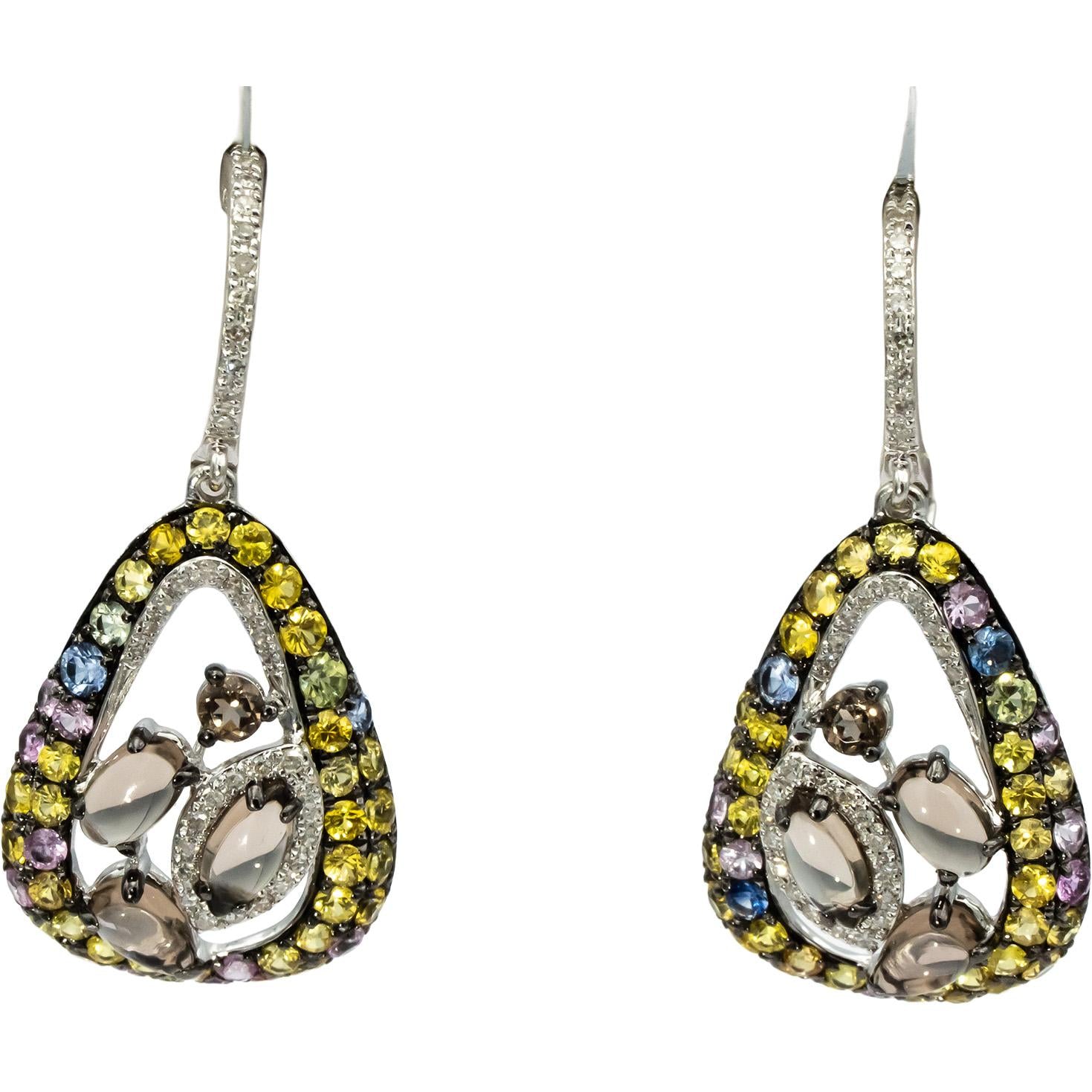14k White Gold Diamond and Multi Color Gemstone Dangle Earrings 2.0CTW