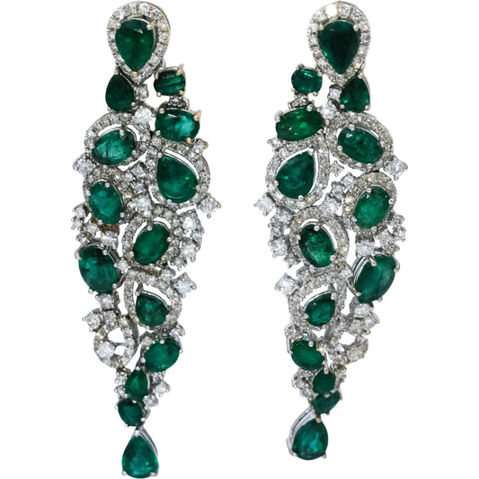 18k White Gold Emerald and Diamond Drop Dangle Earrings 10.0CTW