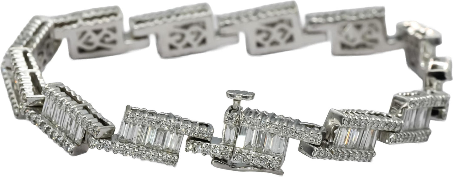 14k White Gold VS Round and Emerald Cut Diamond Fancy Link Bracelet 6.50CT
