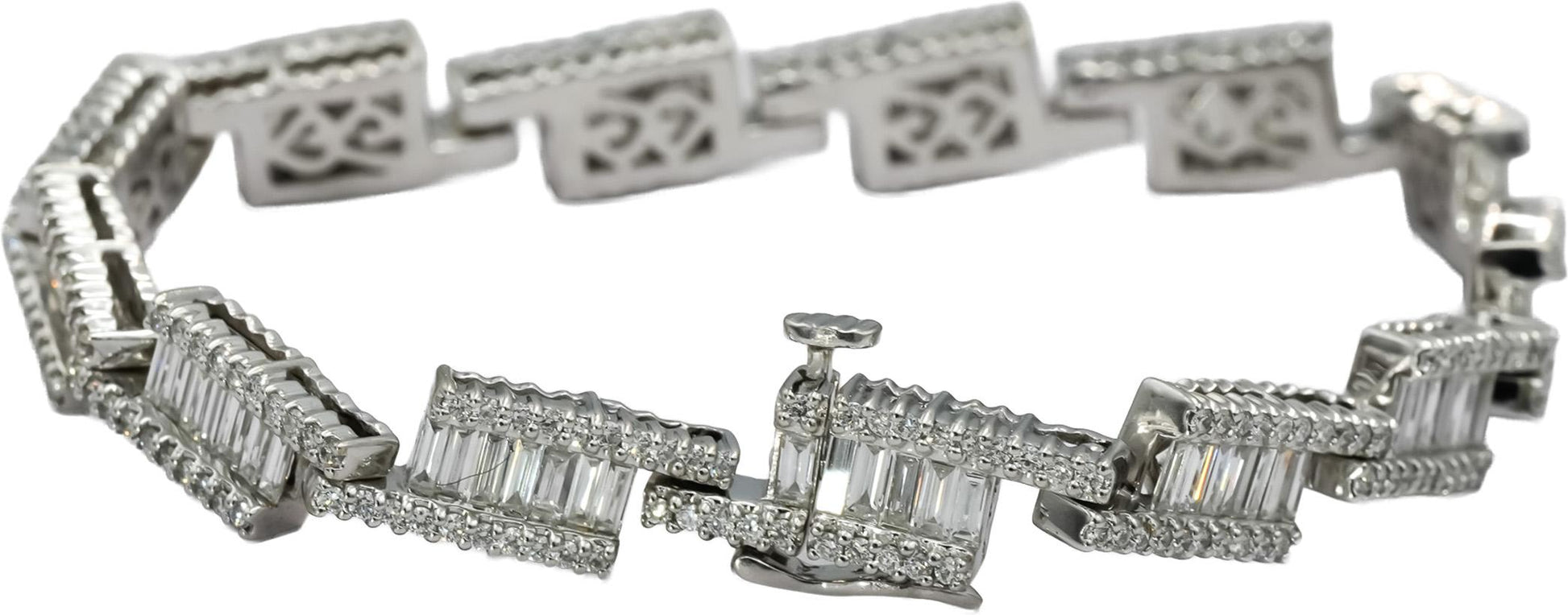 14k White Gold VS Round and Emerald Cut Diamond Fancy Link Bracelet 6.50CT