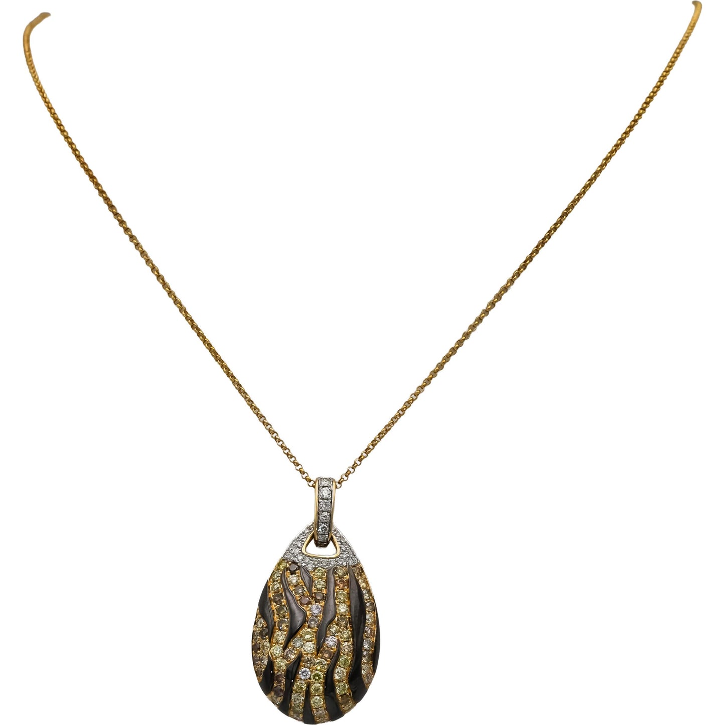 14k Yellow Gold Round Diamond and Enamel Animal Stripe Pendant Necklace 1.25CT