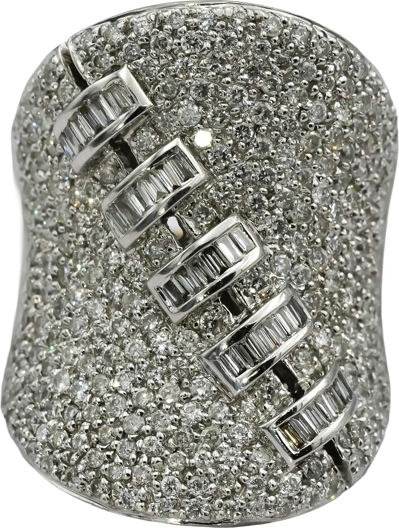 14k White Gold Round & Baguette Cut Cluster Cocktail Statement Ring 3.0CT Size 7