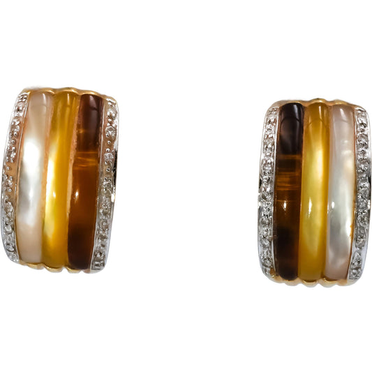 14k Yellow Gold Mother of Pearl and Diamond Curved Earrings
