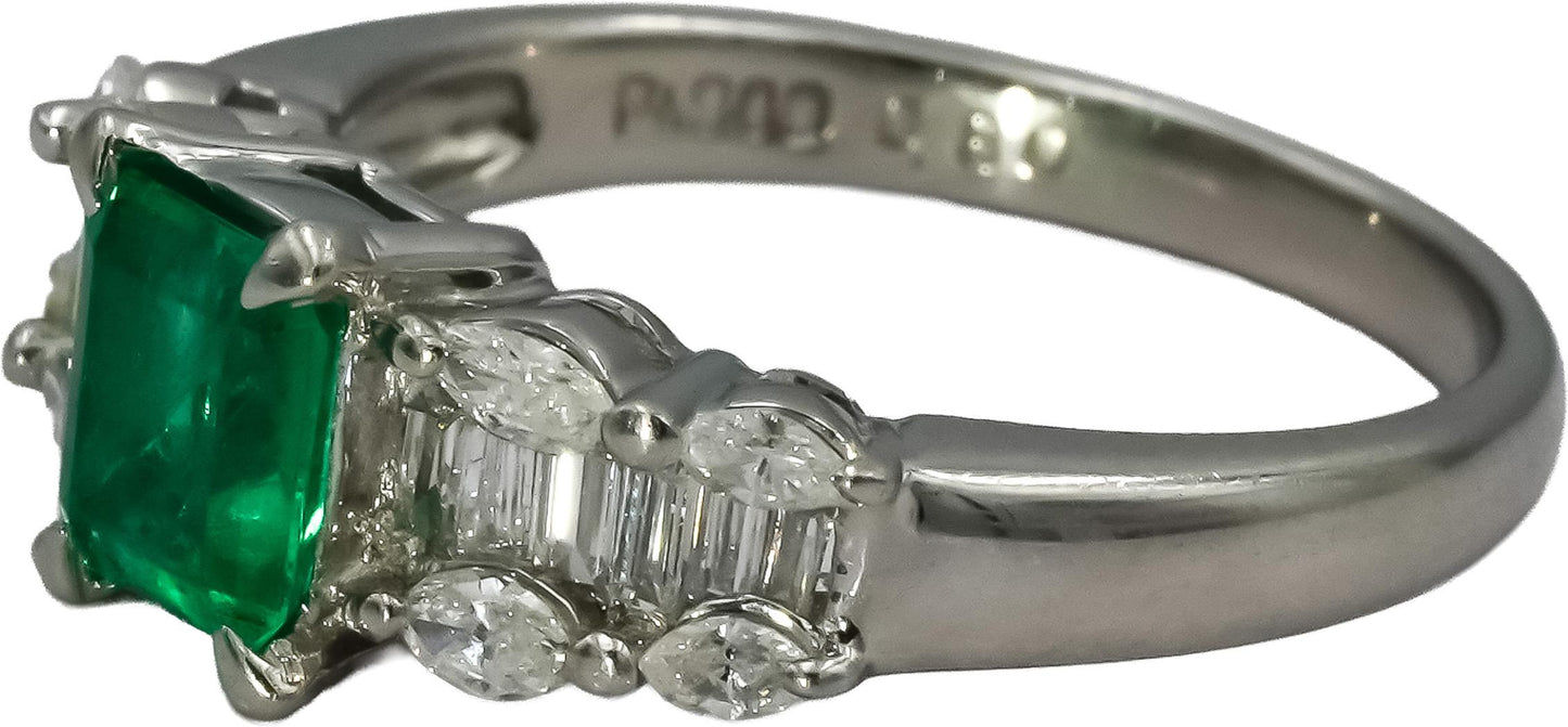 Platinum Baguette Marquise Diamond and Oval Emerald Cocktail Ring 1.30CT Sz 6.5