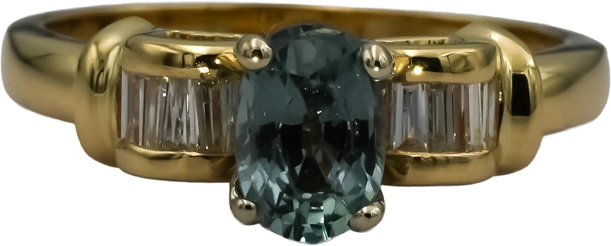 18k Yellow Gold Baguette Diamond and Oval Zircon Cocktail Ring 1.20CT Size 6.75