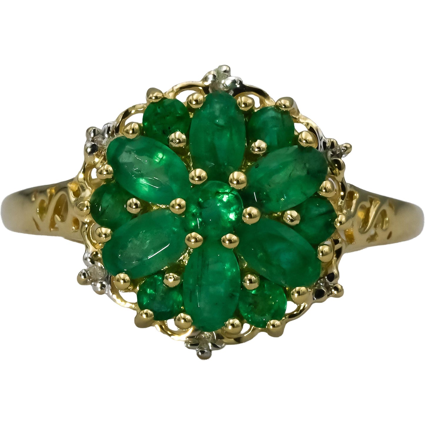 14k Yellow Gold Round & Oval Cut Emerald Ring 1.50CT Size 11 w/ Diamond Accents