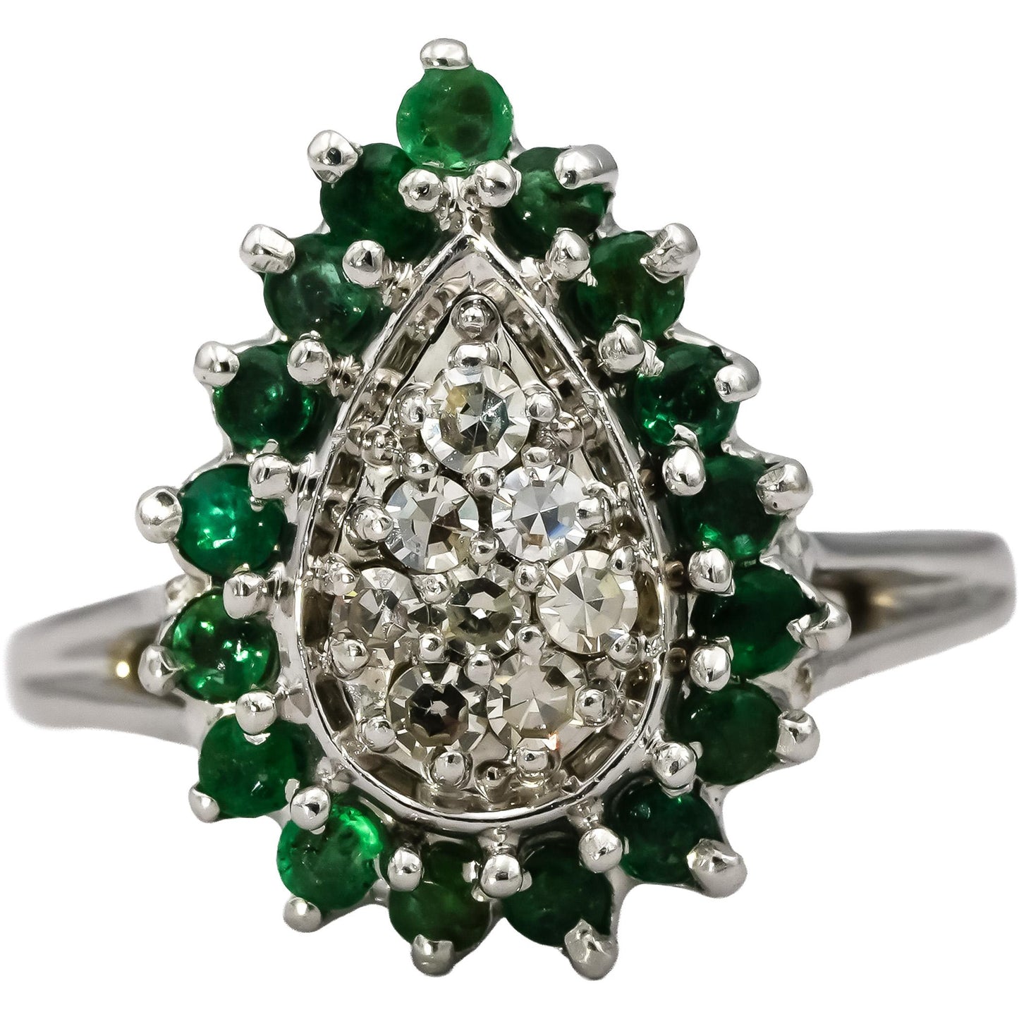 Vintage 14k White Gold Diamond & Emerald Cluster Cocktail Ring 0.61CT Size 8.25