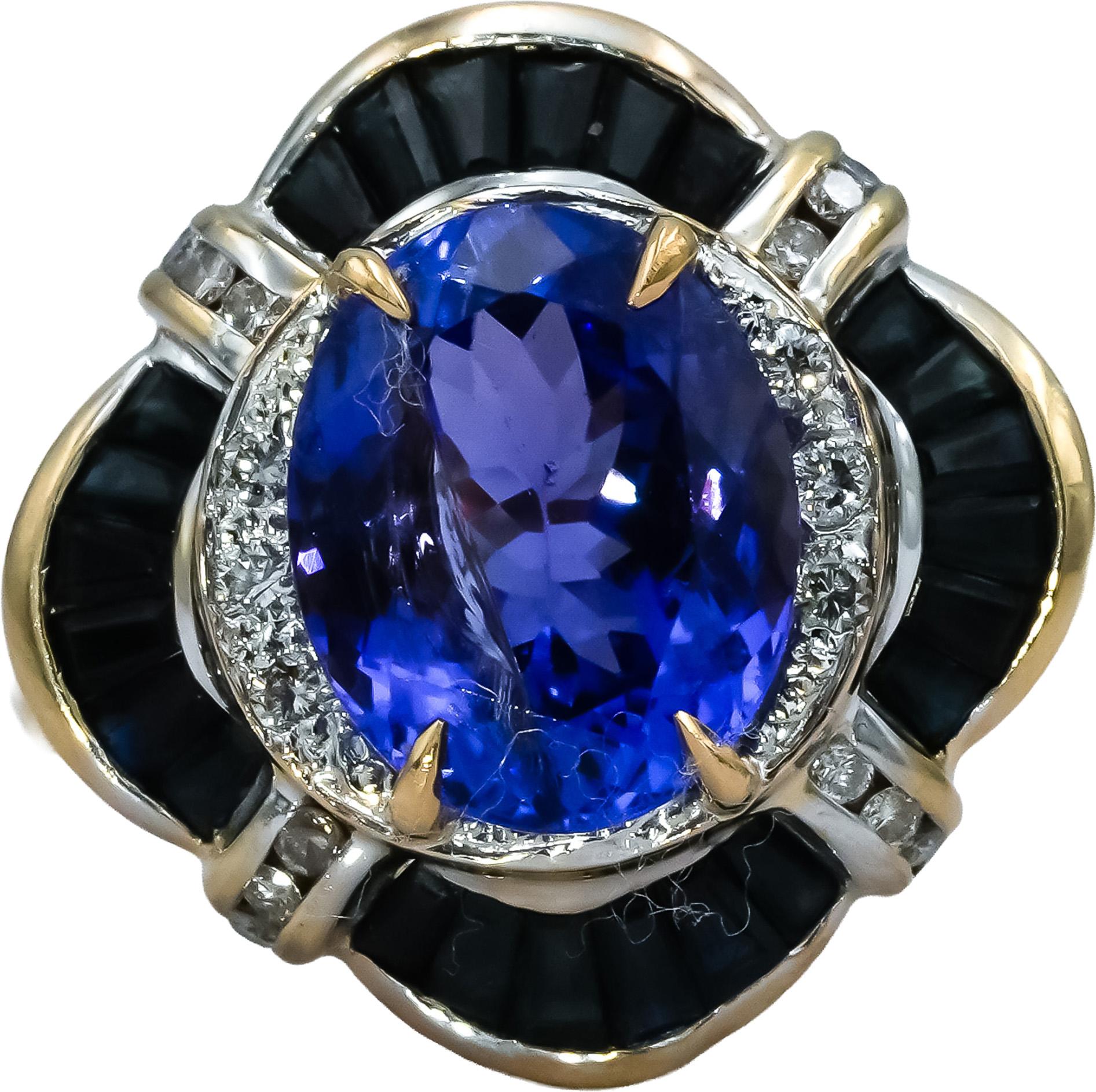 14k Yellow Gold Diamond Tanzanite Sapphire Cocktail Ring 5.76CT Size 9