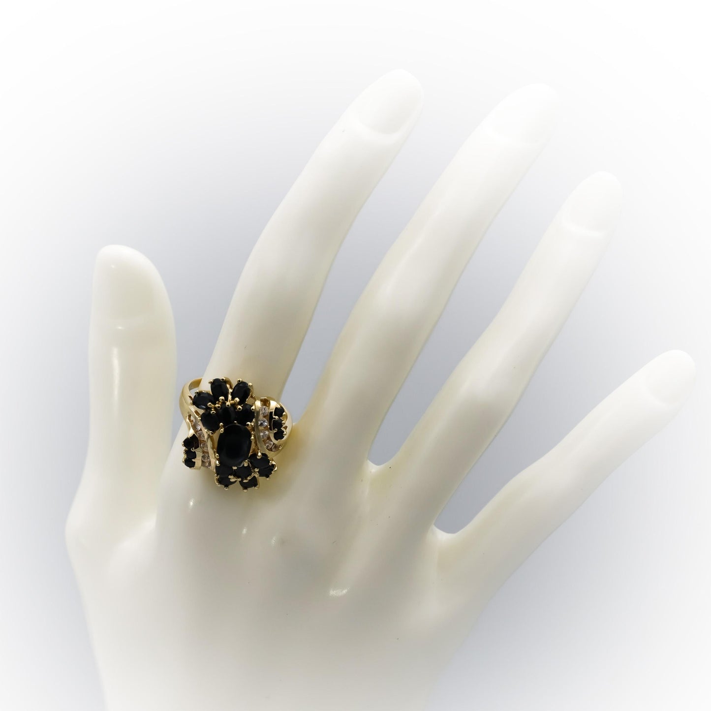 14k Yellow Gold White and Blue Sapphire Cluster Cocktail Ring 3.0CT Size 8.5