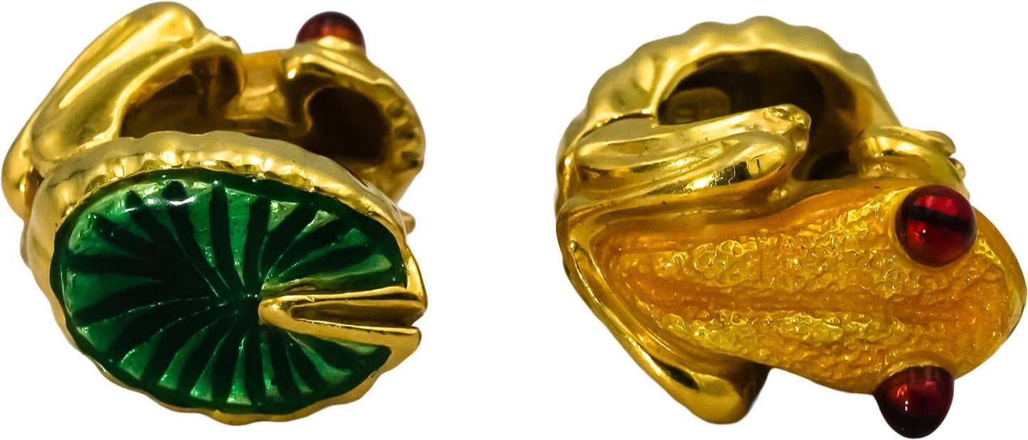 Designer 18k Yellow Gold Enamel Frog Earrings