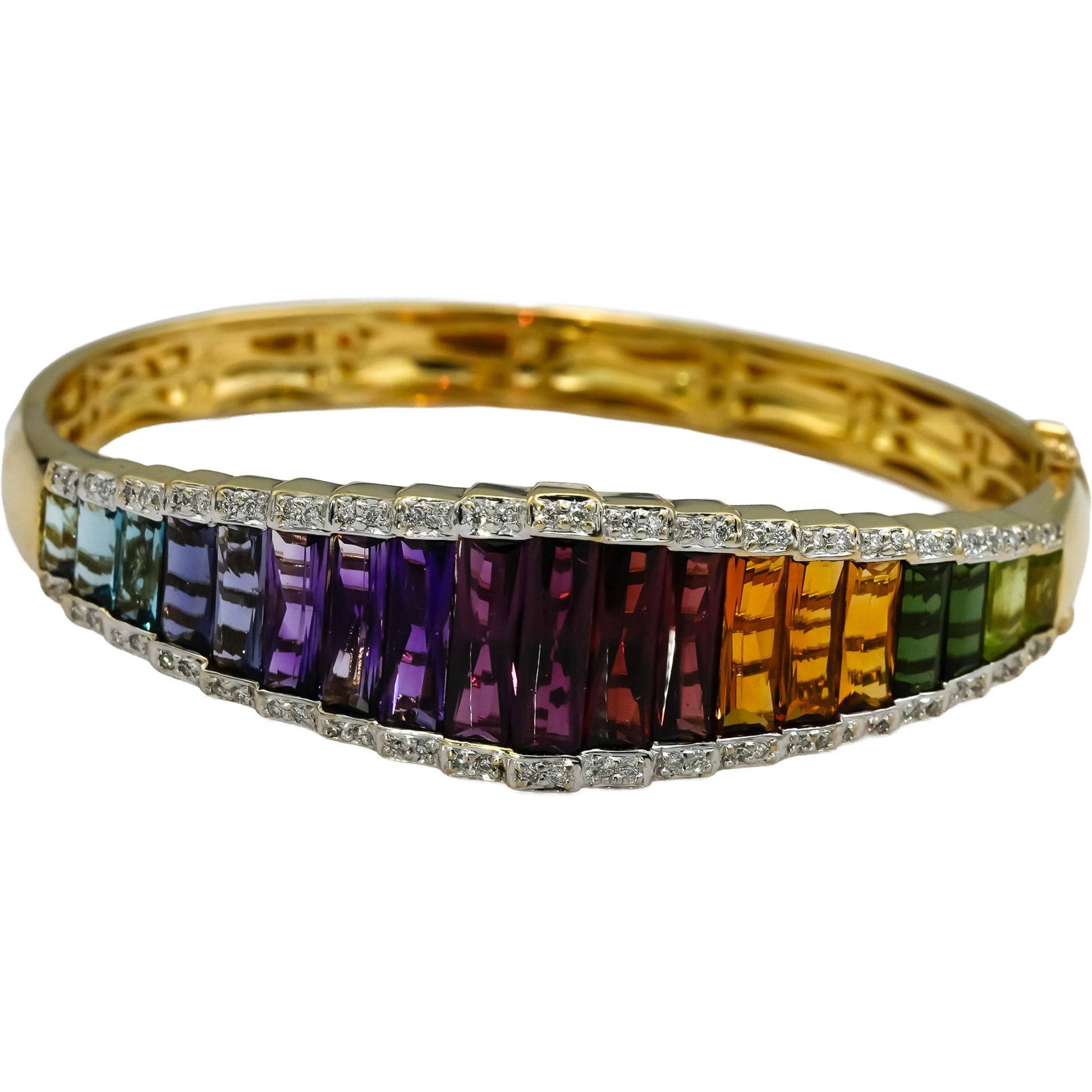 BELLARI 18k Yellow Gold Diamond and Rainbow Gemstone Bangle Bracelet 0.20CT