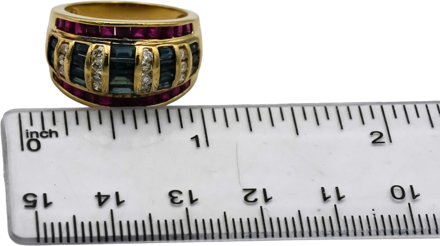 14k Yellow Gold Diamond Ruby and Sapphire Band Ring 1.30CT Size 7
