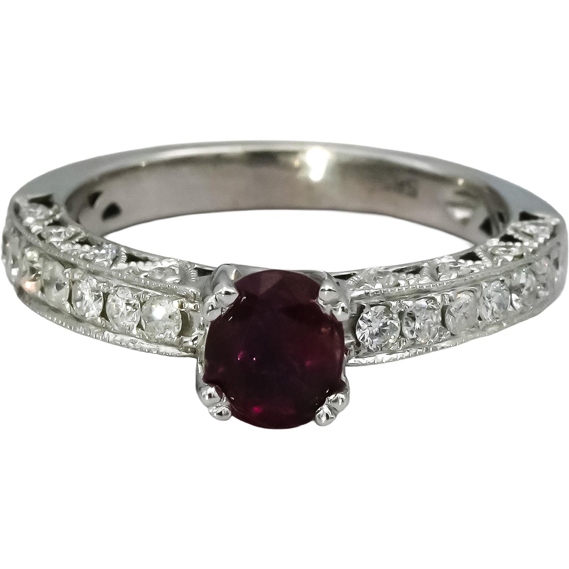 14k White Gold Diamond and Ruby Filigree Ring 1.25CT Size 6