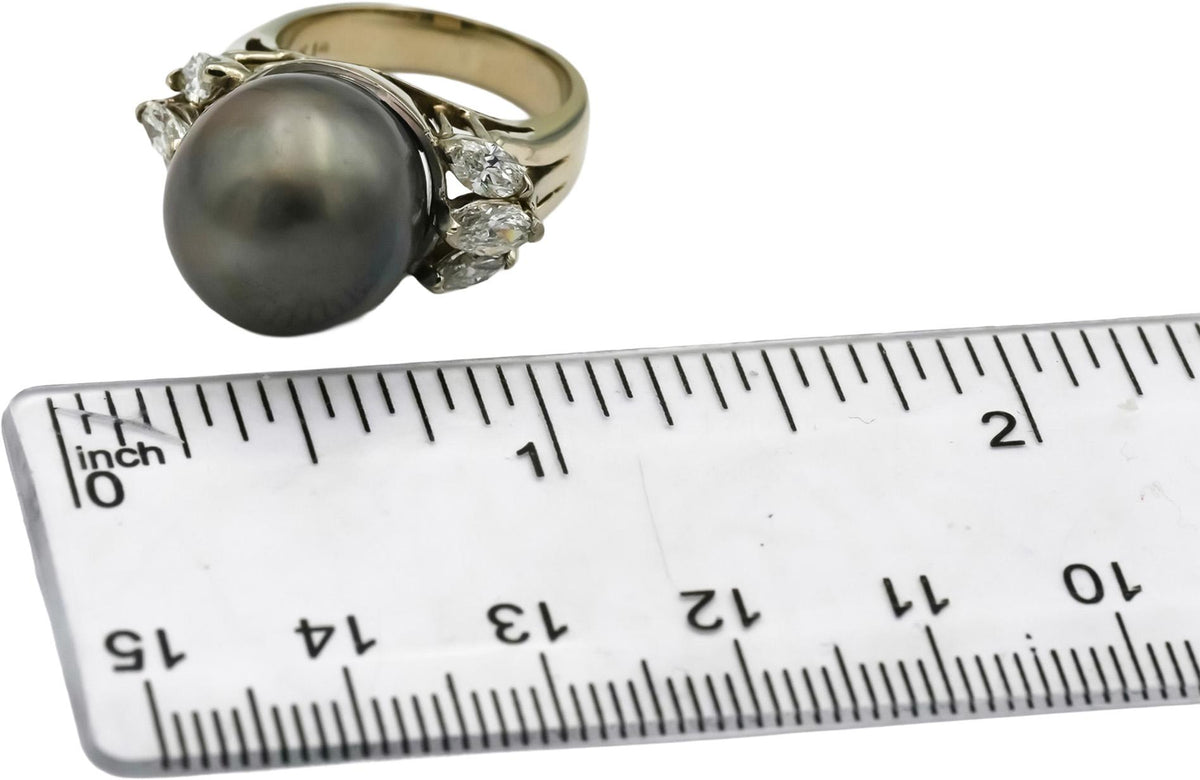 18k White Gold Diamond and Gray Pearl Cocktail Ring 1.10-1.25CT Size 5