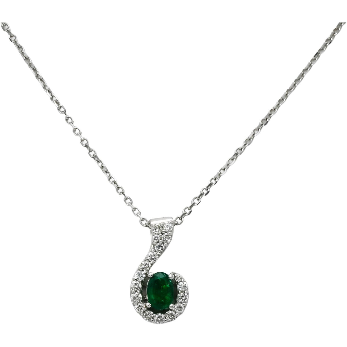 14k White Gold Diamond and Emerald Pendant Necklace 1.15CT