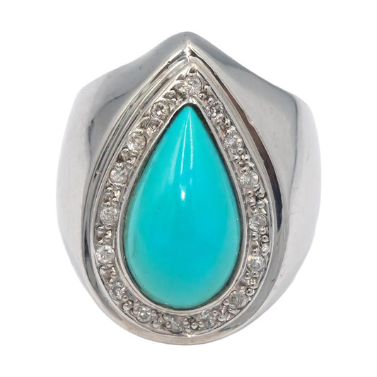 14k White Gold Round Diamond & Cabochon Turquoise Cocktail Ring 0.15CT Size 5.5
