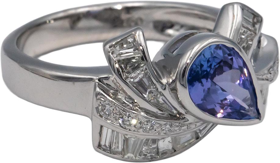 18k White Gold 1.40CT Diamond and Tanzanite Ribbon Ring Size 7
