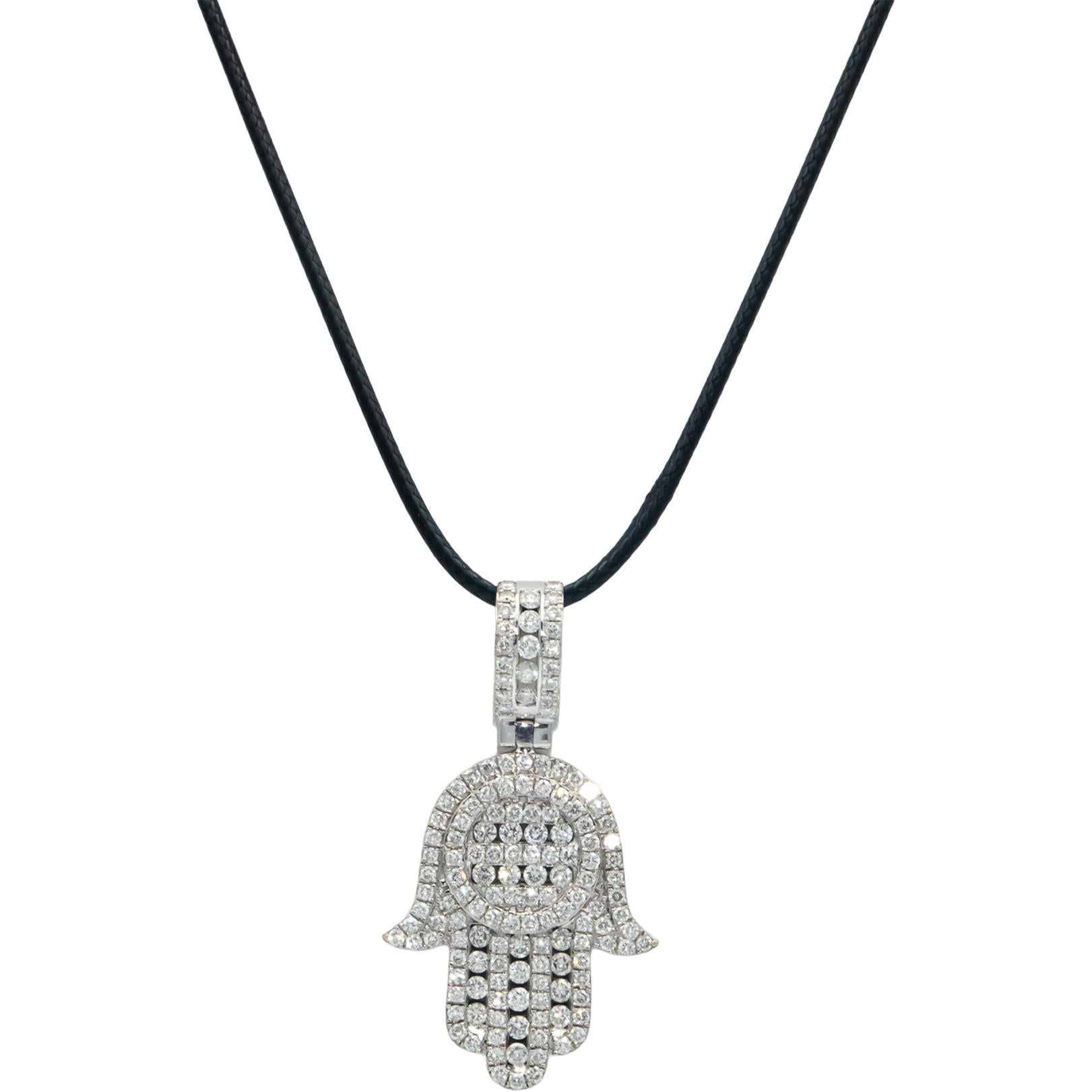 14k White Gold VS Round Diamond Cluster Hamsa Hand Pendant Necklace 3.0CT