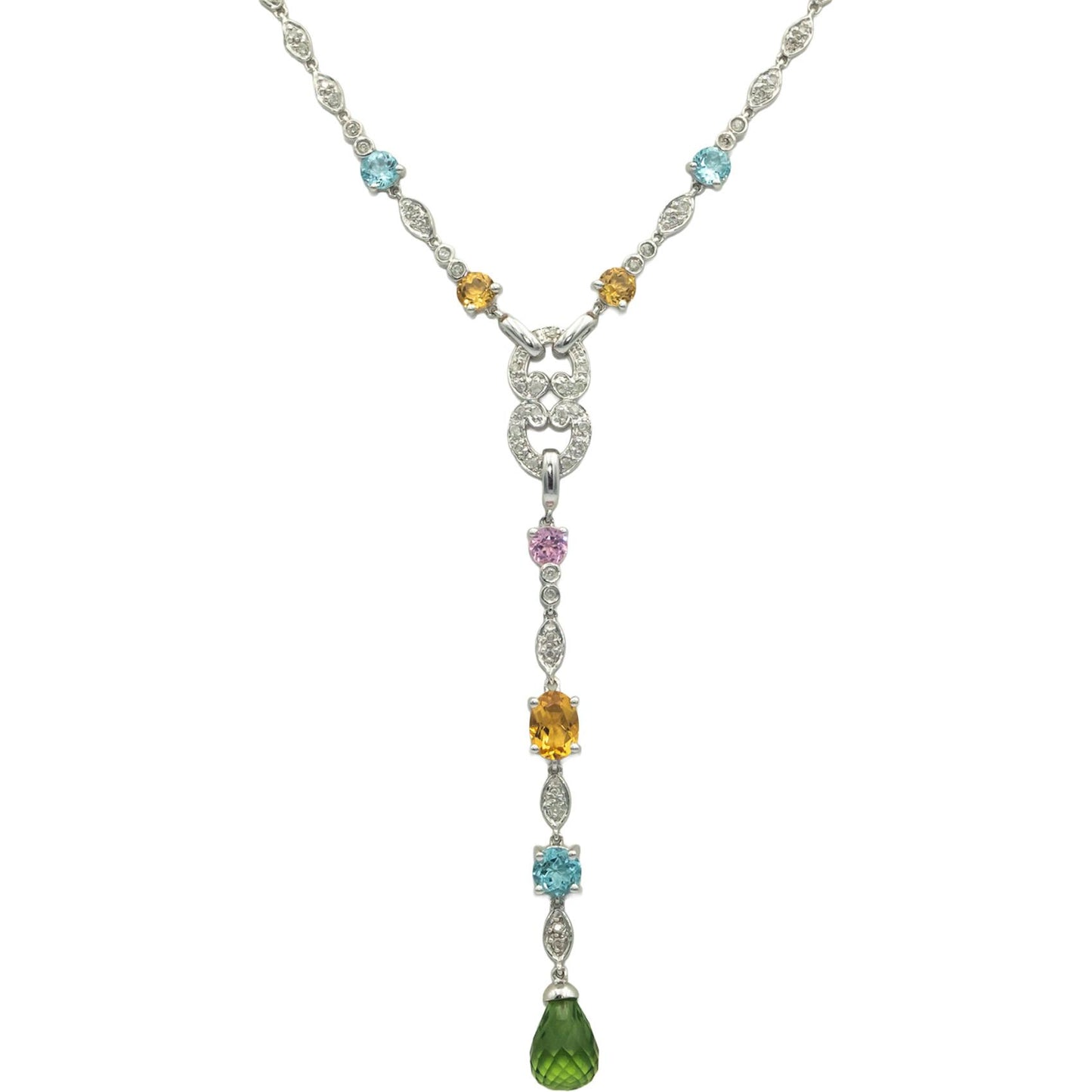 14k White Gold Diamond Assorted Gemstone Green Glass Formal Necklace 0.40CT