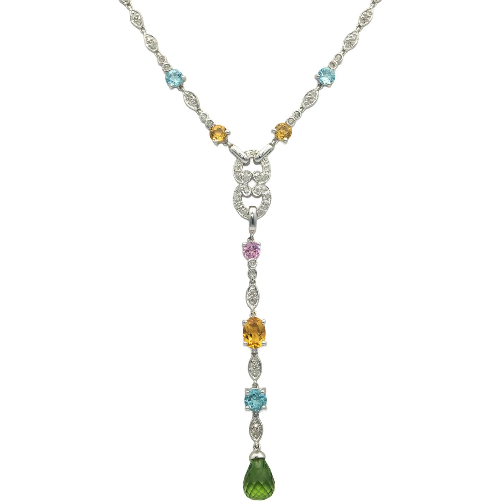 14k White Gold Diamond Assorted Gemstone Green Glass Formal Necklace 0.40CT