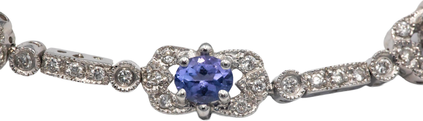 18k White Gold Diamond and Tanzanite Fancy Link Bracelet 3.49CT
