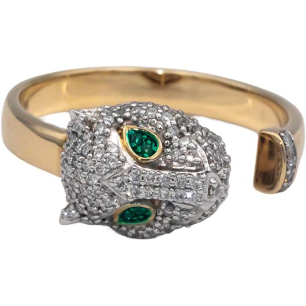 10k Yellow Gold 0.40CT Diamond Panther Head Ring w/ Emerald Eye Accents Size 10