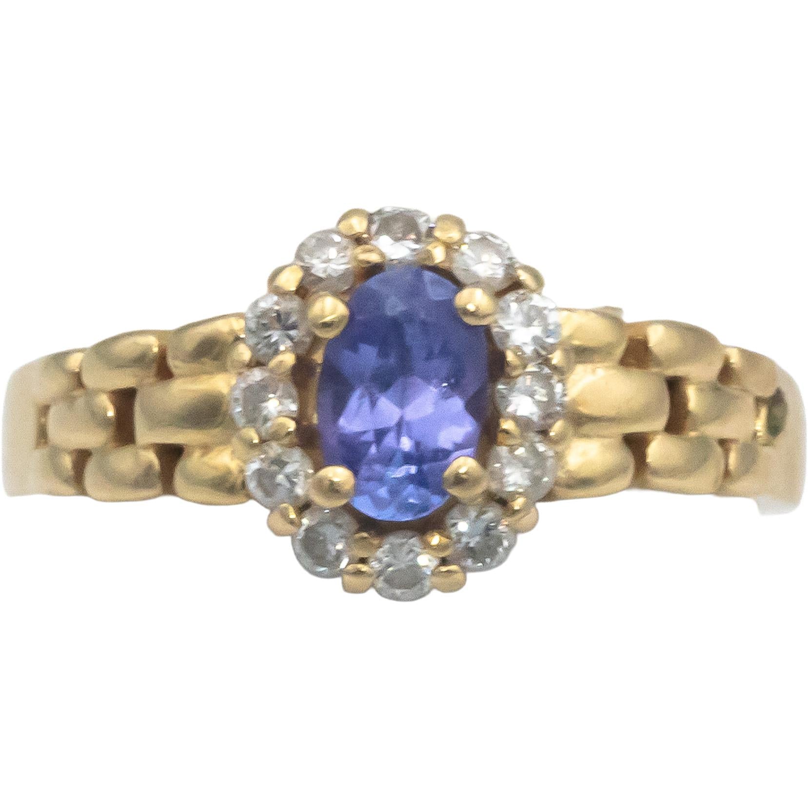 14k Yellow Gold Round Diamond & Oval Cut Tanzanite Halo Ring 0.50CT Size 6.5