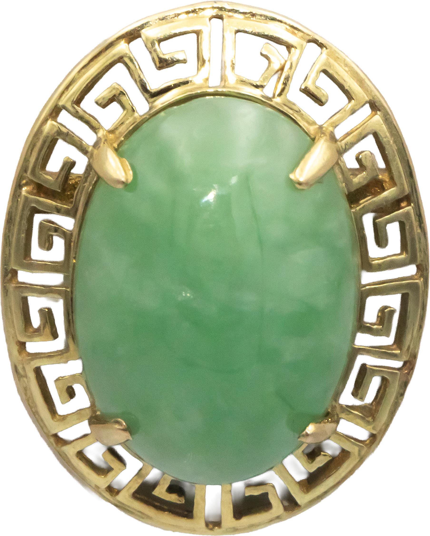 14k Yellow Gold 8.0CT Cabochon Cut Jade Greek Key Stud Earrings