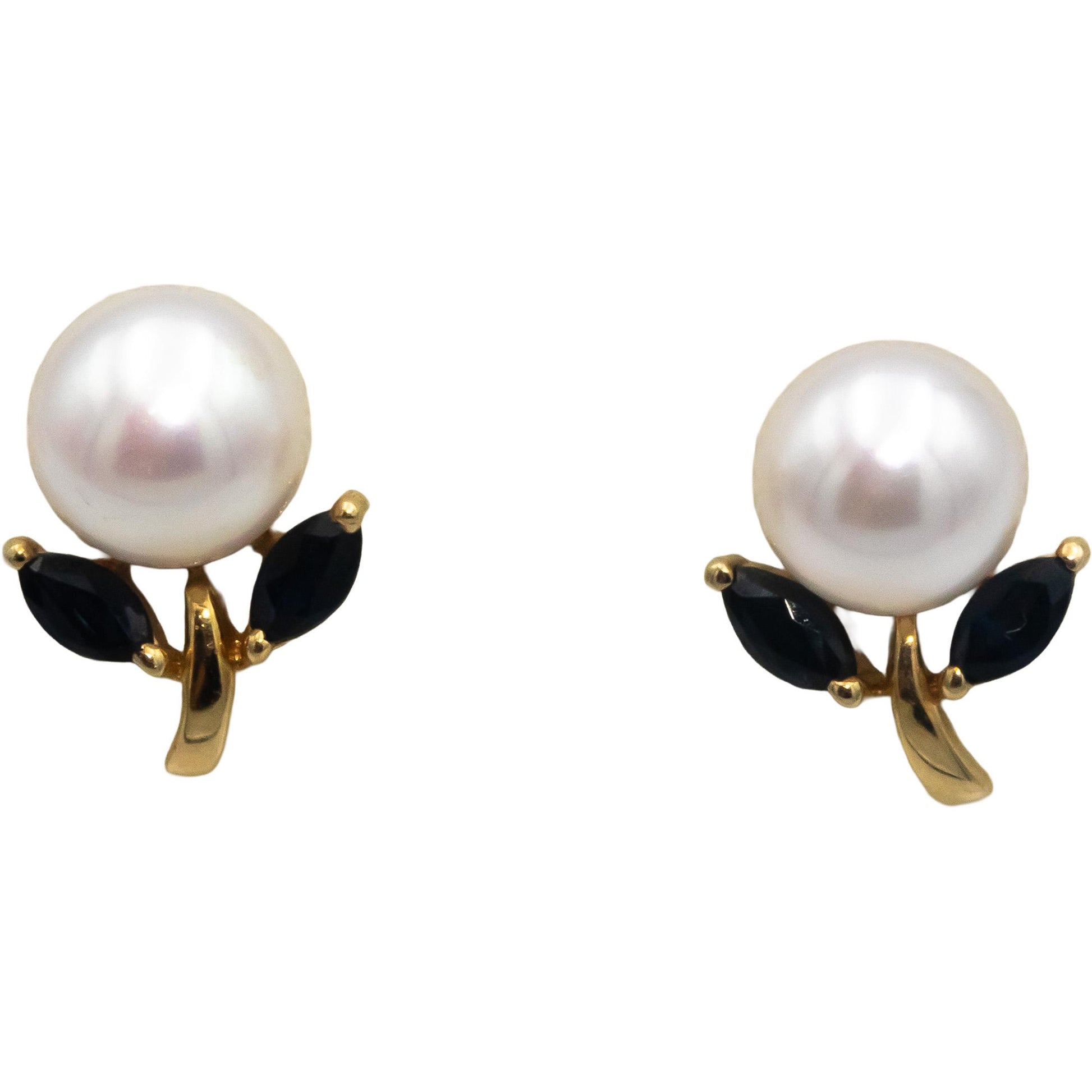 14k Yellow Gold 0.25CT Sapphire and 6.8mm Pearl Flower Stud Earrings