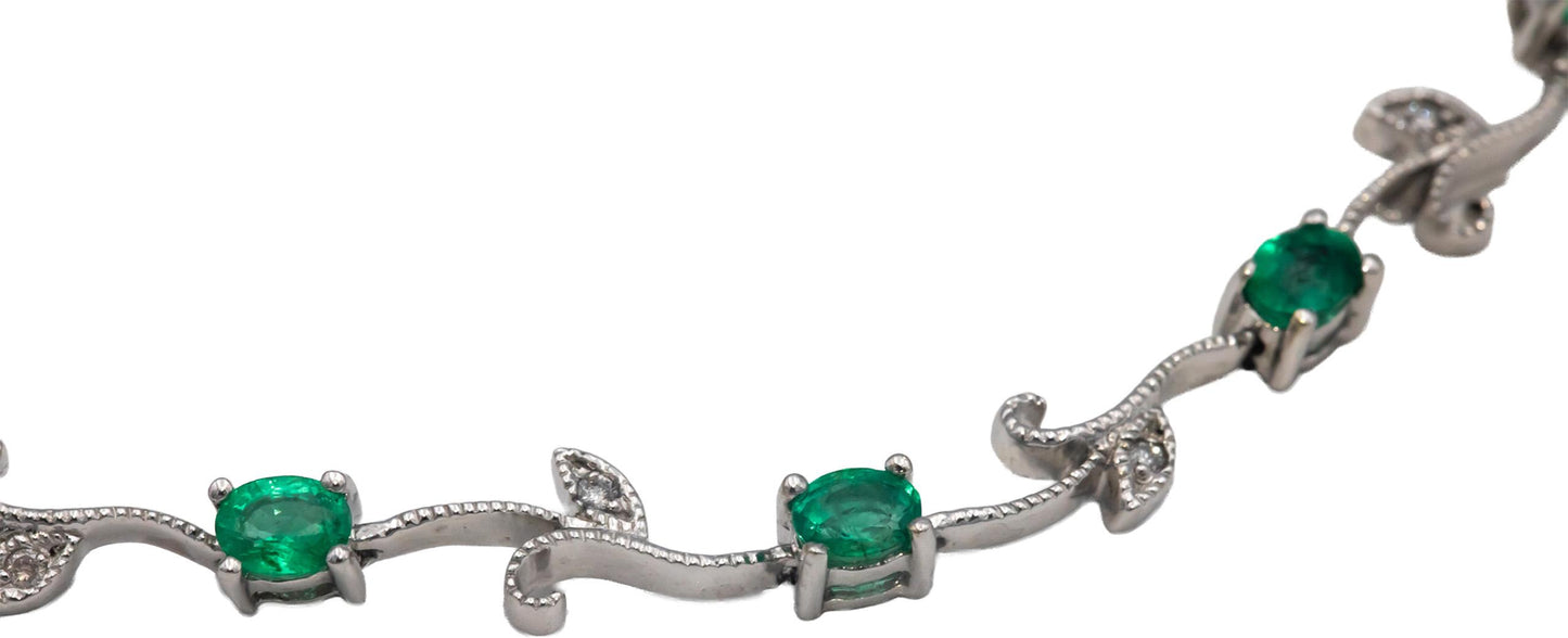 14k White Gold Diamond and Emerald Fancy Floral Link Bracelet 1.56CT