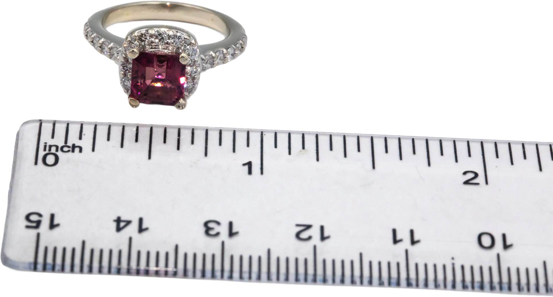 14k White Gold 1.95CT Diamond and Pink Tourmaline Ring Size 4.25