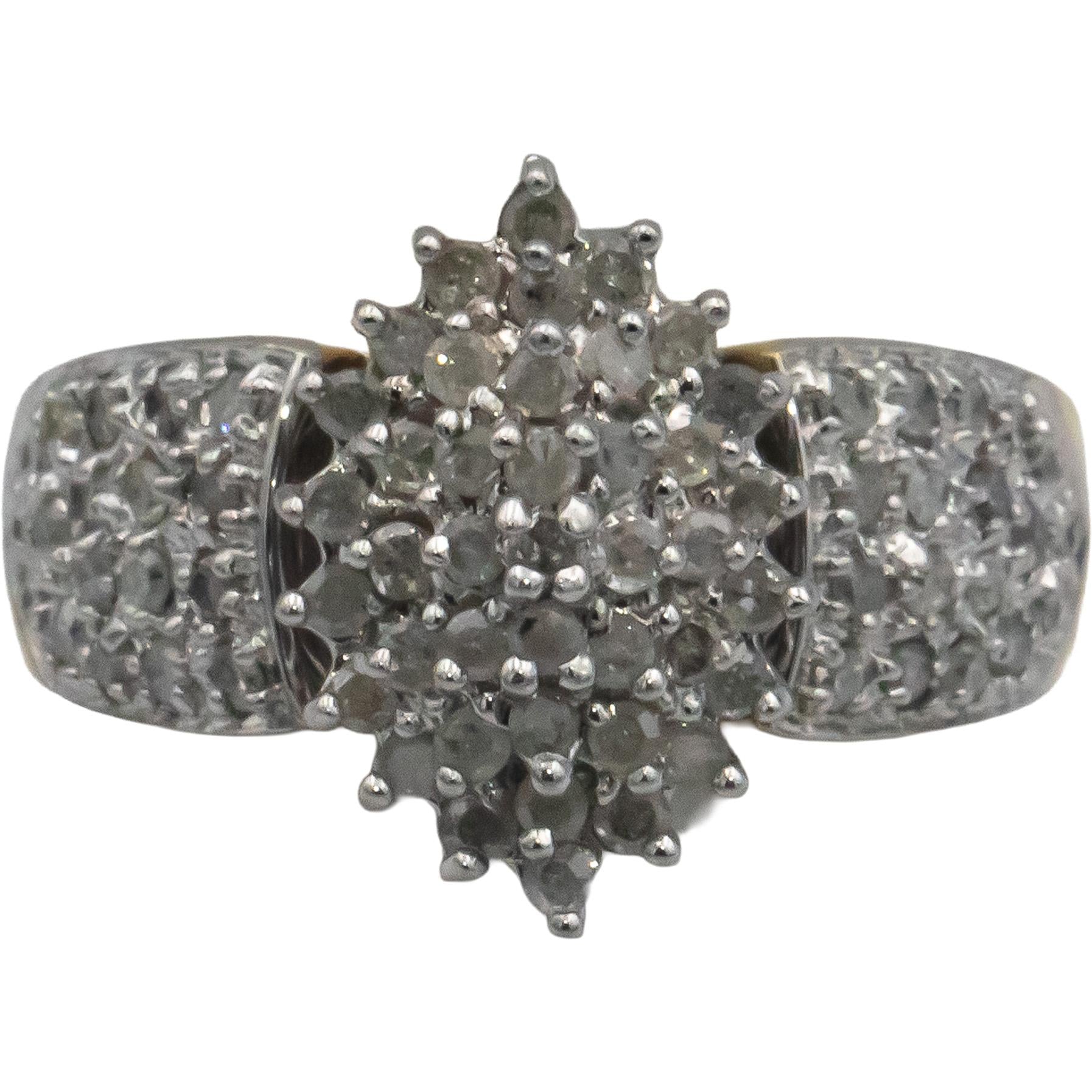 10k White and Yellow Gold Round Diamond Cluster Cocktail Ring 1.0CT Size 7