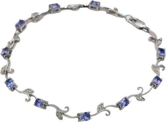 14k White Gold Jewelry 1.56CT Diamond and Tanzanite Floral Link Bracelet