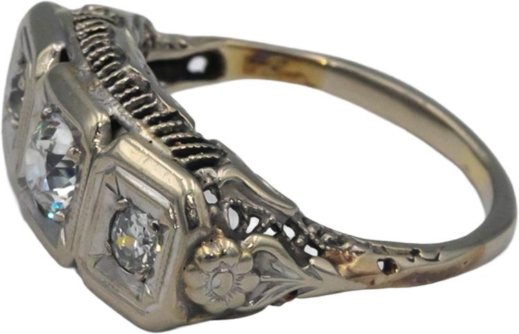 Vintage Antique 10k White Gold 0.35CT Diamond Filigree Ring w/ 0.25 Center