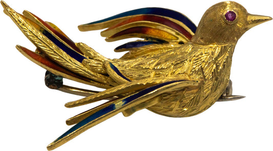 Italy 18k Yellow Gold Jewelry Enamel Textured Dove Bird Brooch Pin